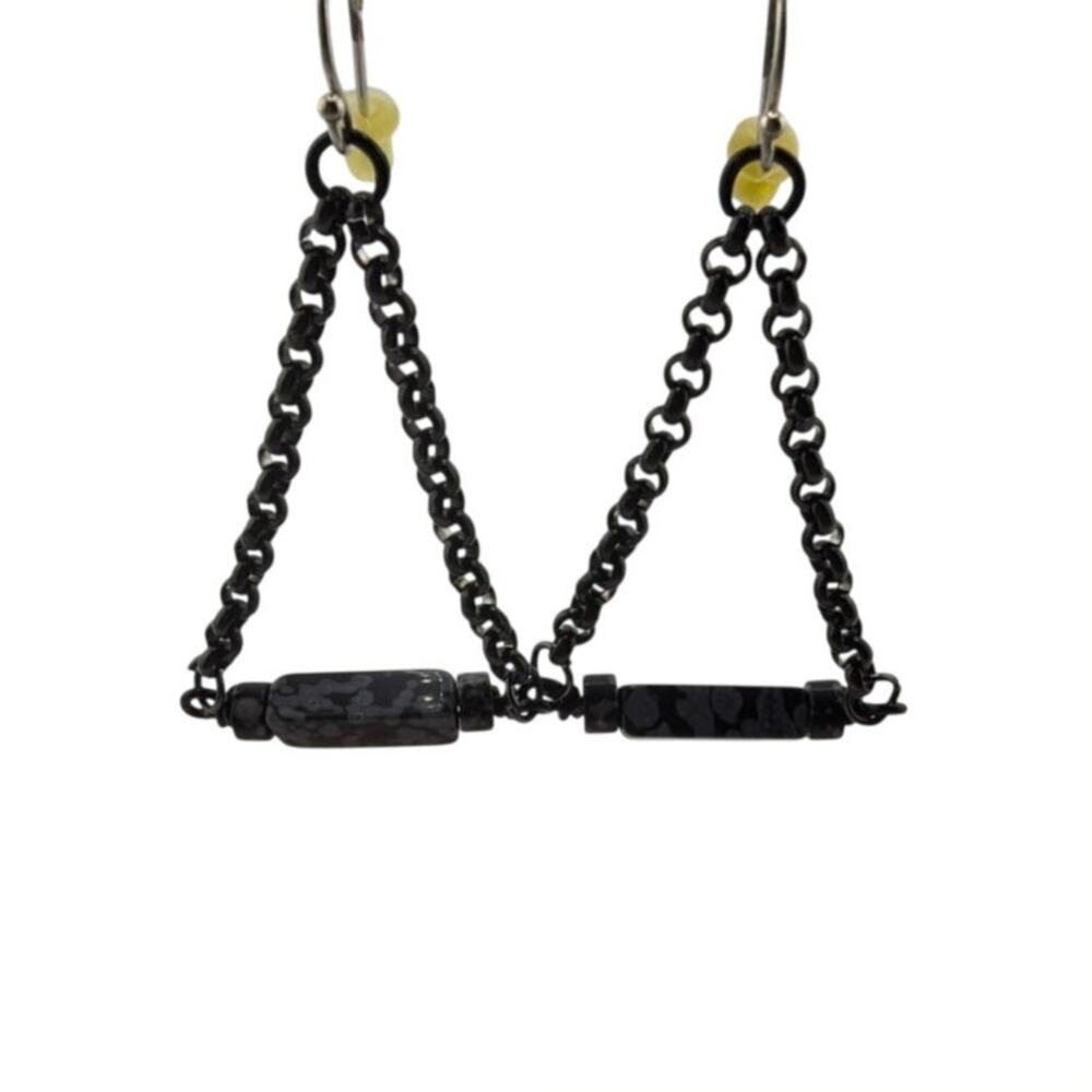 New Handcrafted Artisan Snowflake Jasper and Black Chain Dangle Earrings